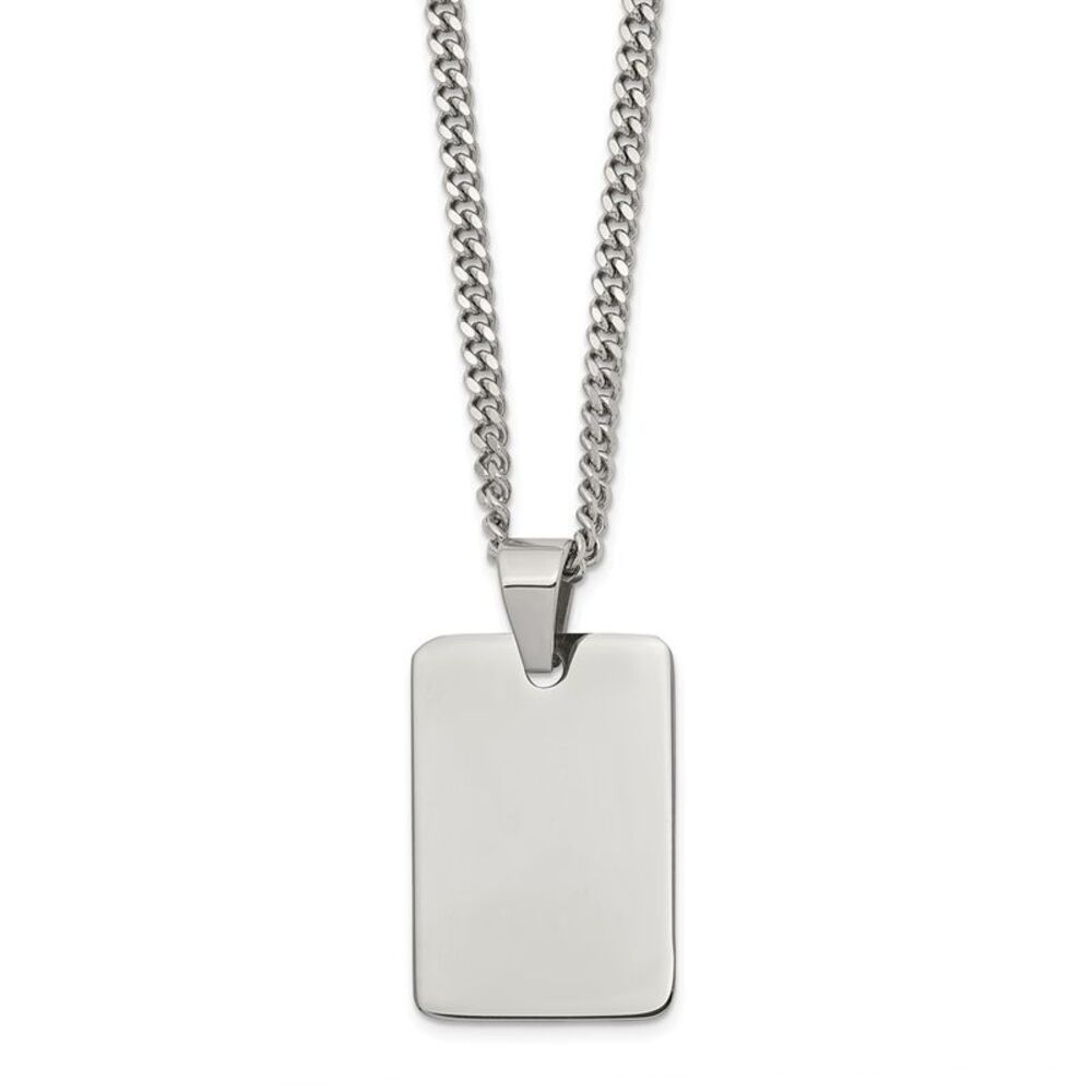 Polished Steel Engravable Dog Tag and Curb Chain Necklace - 24 Inch